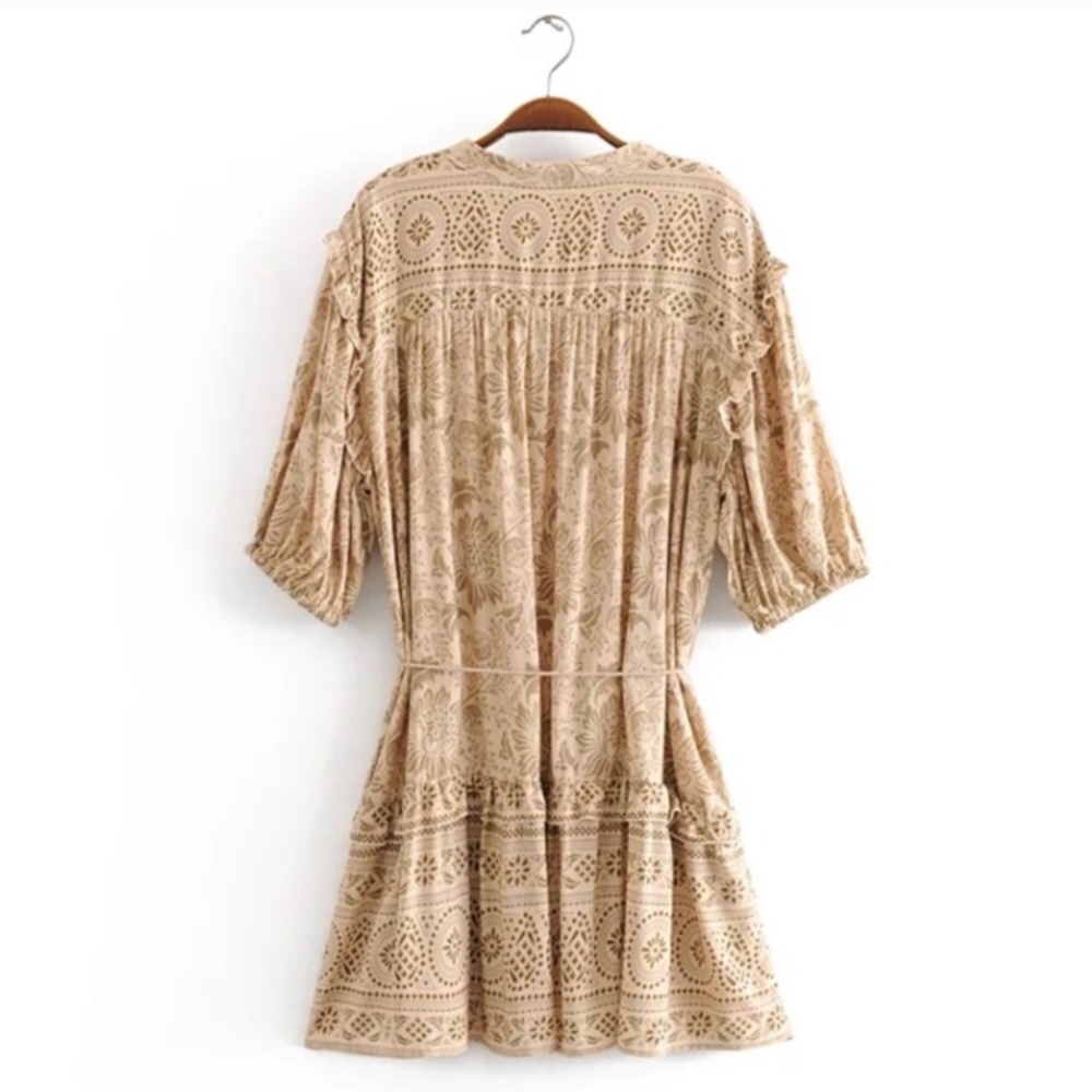 SOLD OUT Khaki Autumn Winds Boho Floral Mini Ruffle Dress - Picture 5 of 5